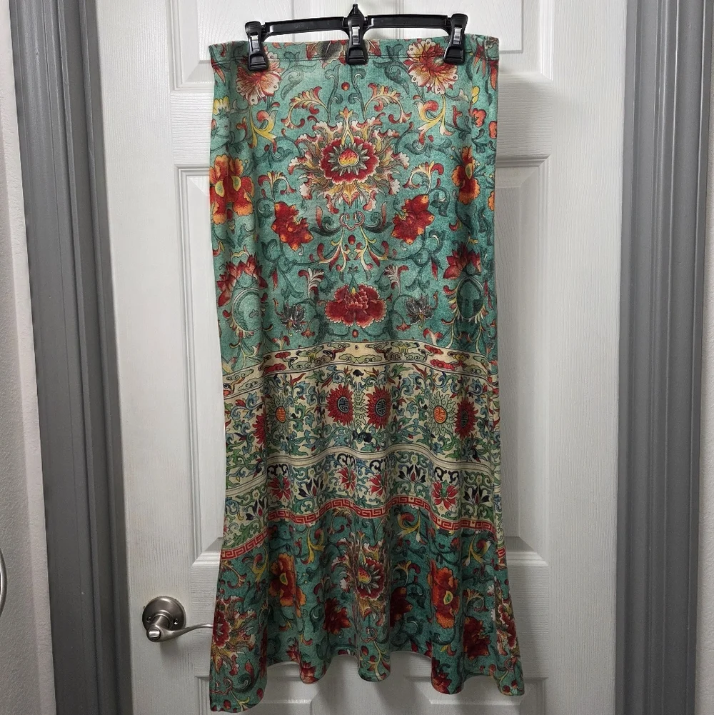 amma Fairy Whimsical Cottage Peasant  Floral Romance Maxi Skirt Aqua Red Size XL - Picture 2 of 7
